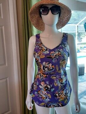 Swimsuits 4 All Purple Floral Sarong Front One-Piece Suit w Built- In Bra. Sz 16